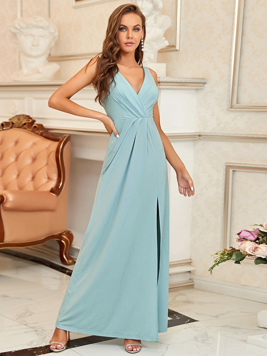 COLOR=Sky Blue | Floor Length V Neck Shimmery Evening Dress-Sky Blue 4