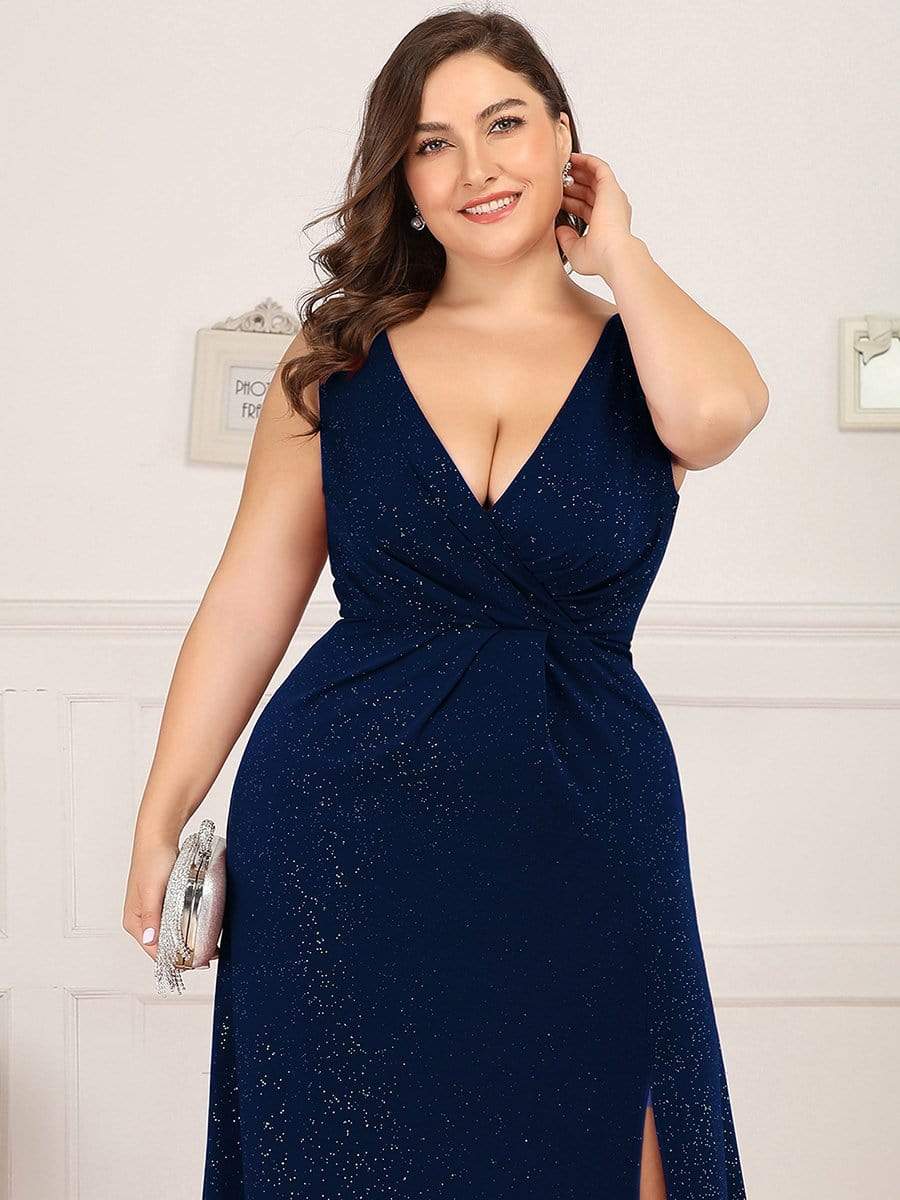 COLOR=Navy Blue | Shiny V Neck Floor Length Plus Size Evening Dresses with Side Split-Navy Blue 5