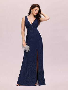 COLOR=Navy Blue | Floor Length V Neck Shimmery Evening Dress-Navy Blue 1