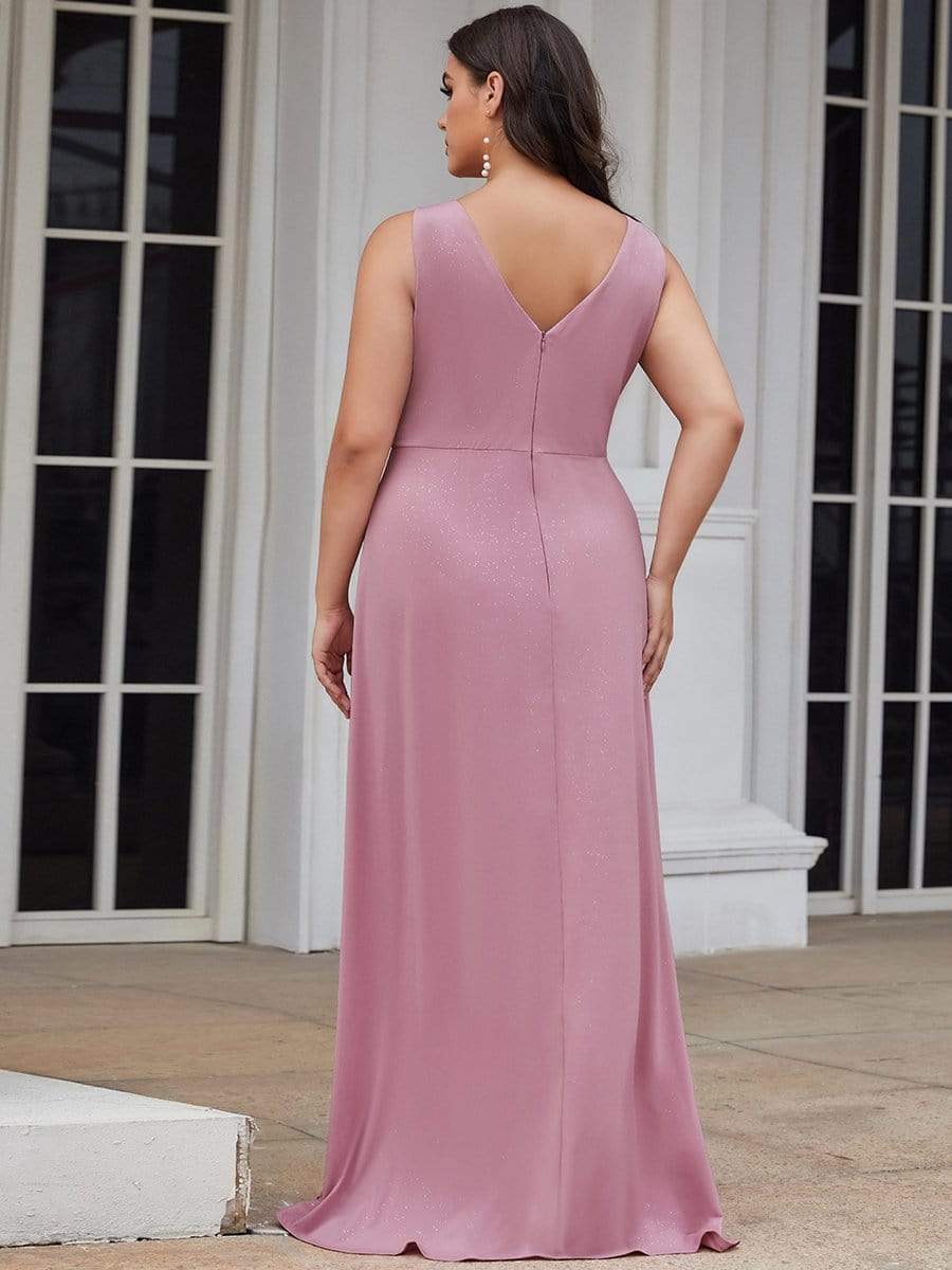 COLOR=Purple Orchid | Shiny V Neck Floor Length Plus Size Evening Dresses with Side Split-Purple Orchid 2