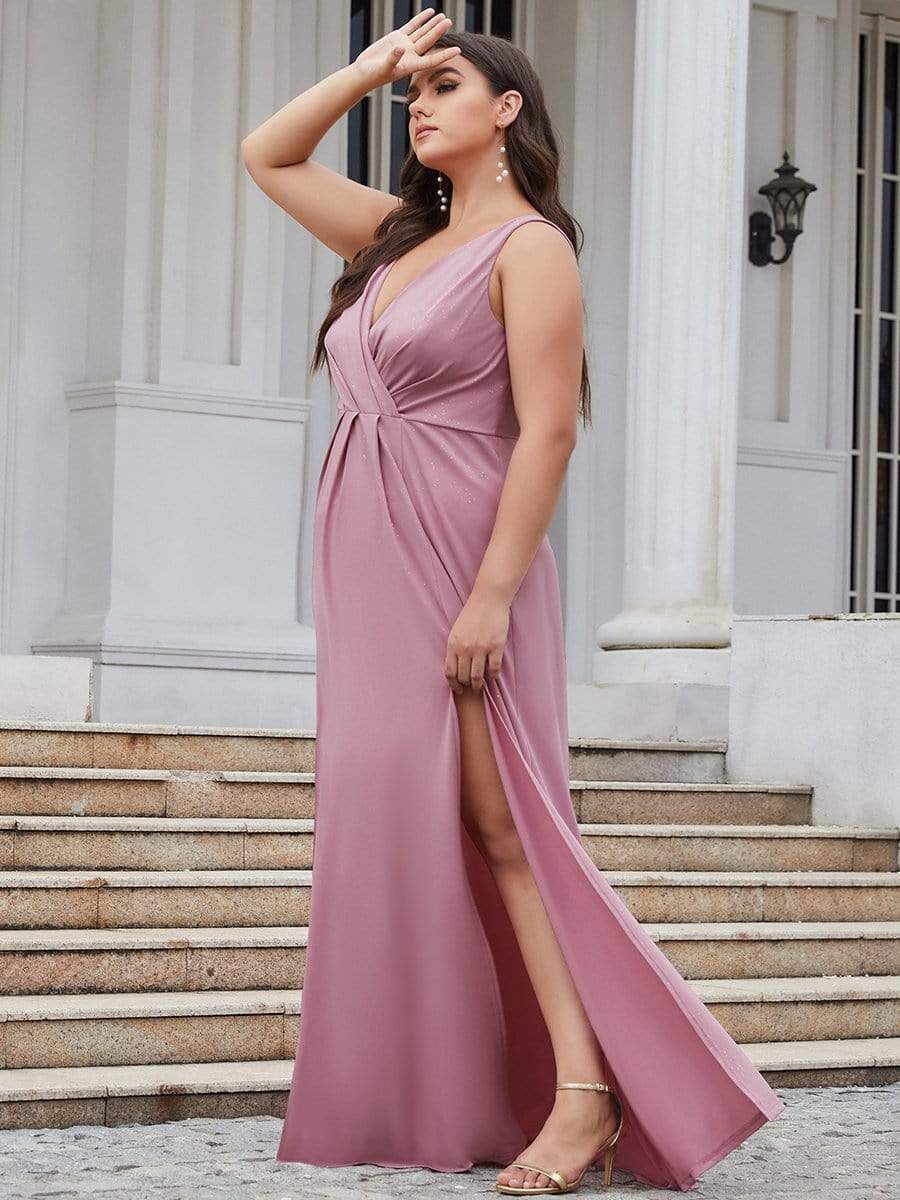 COLOR=Purple Orchid | Shiny V Neck Floor Length Plus Size Evening Dresses with Side Split-Purple Orchid 3