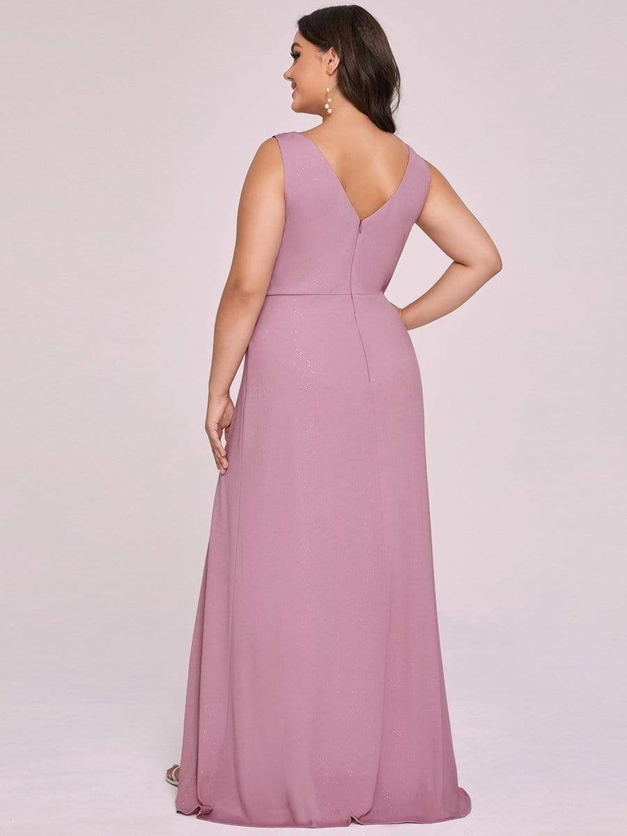 COLOR=Purple Orchid | Shiny V Neck Floor Length Plus Size Evening Dresses with Side Split-Purple Orchid 6