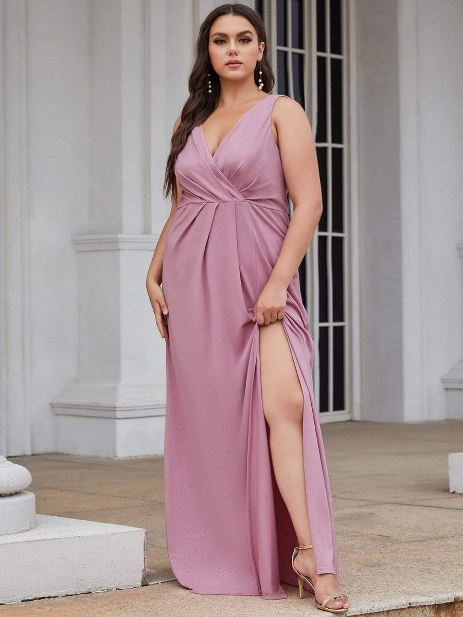 COLOR=Purple Orchid | Shiny V Neck Floor Length Plus Size Evening Dresses with Side Split-Purple Orchid 1