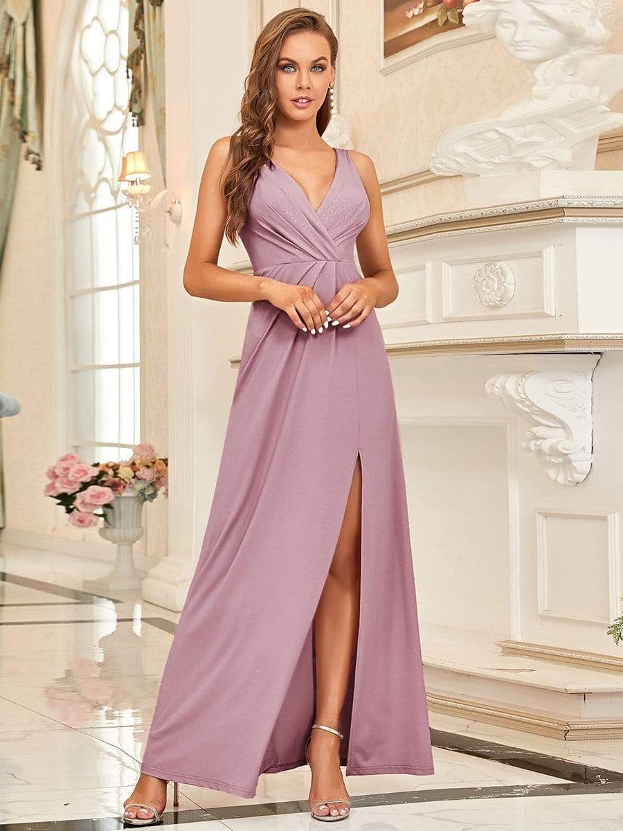 COLOR=Purple Orchid | Floor Length V Neck Shimmery Evening Dress-Purple Orchid 3