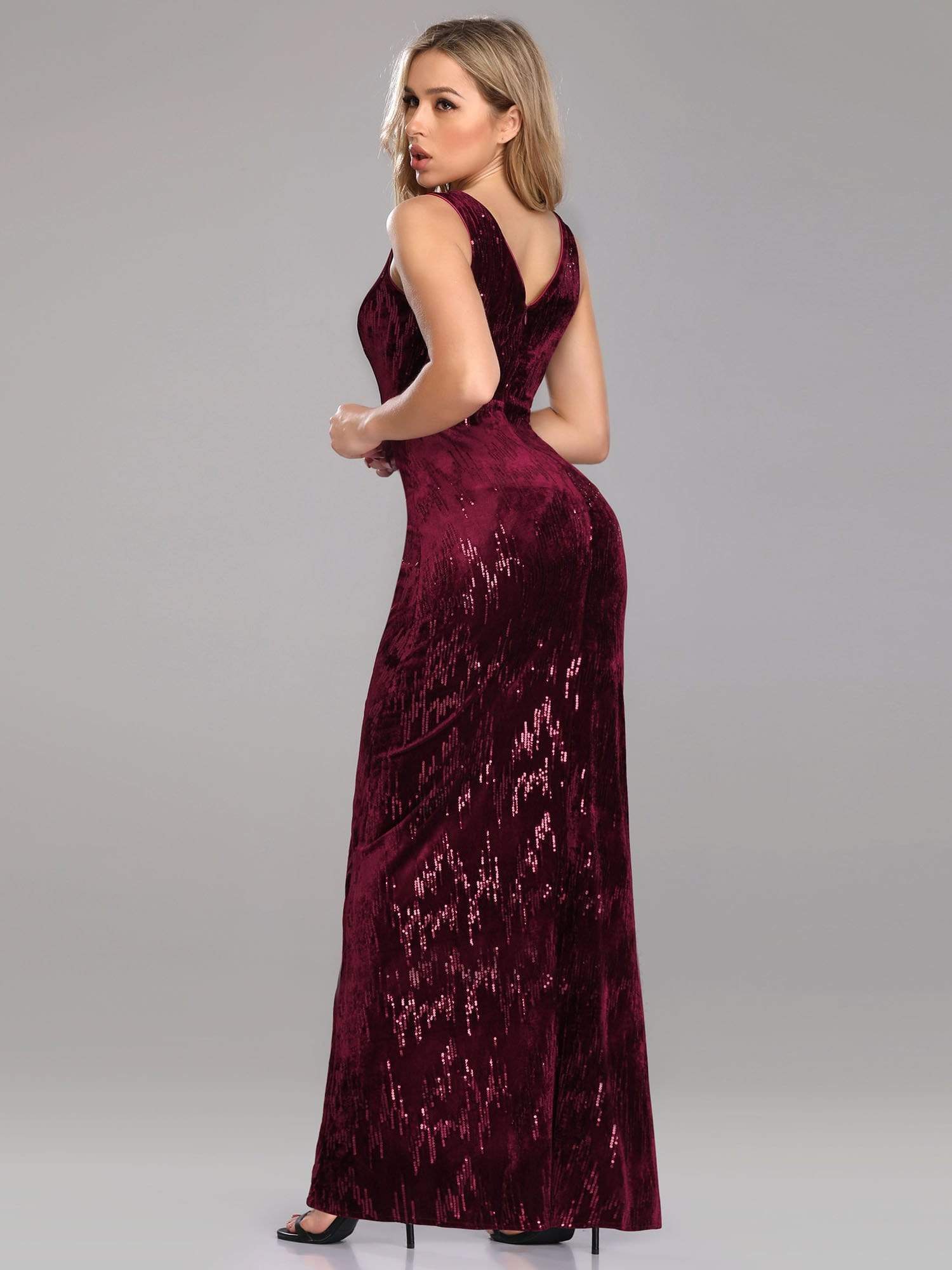 Color=Burgundy | Long V Neck Sequin & Velvet Evening Dress-Burgundy 3