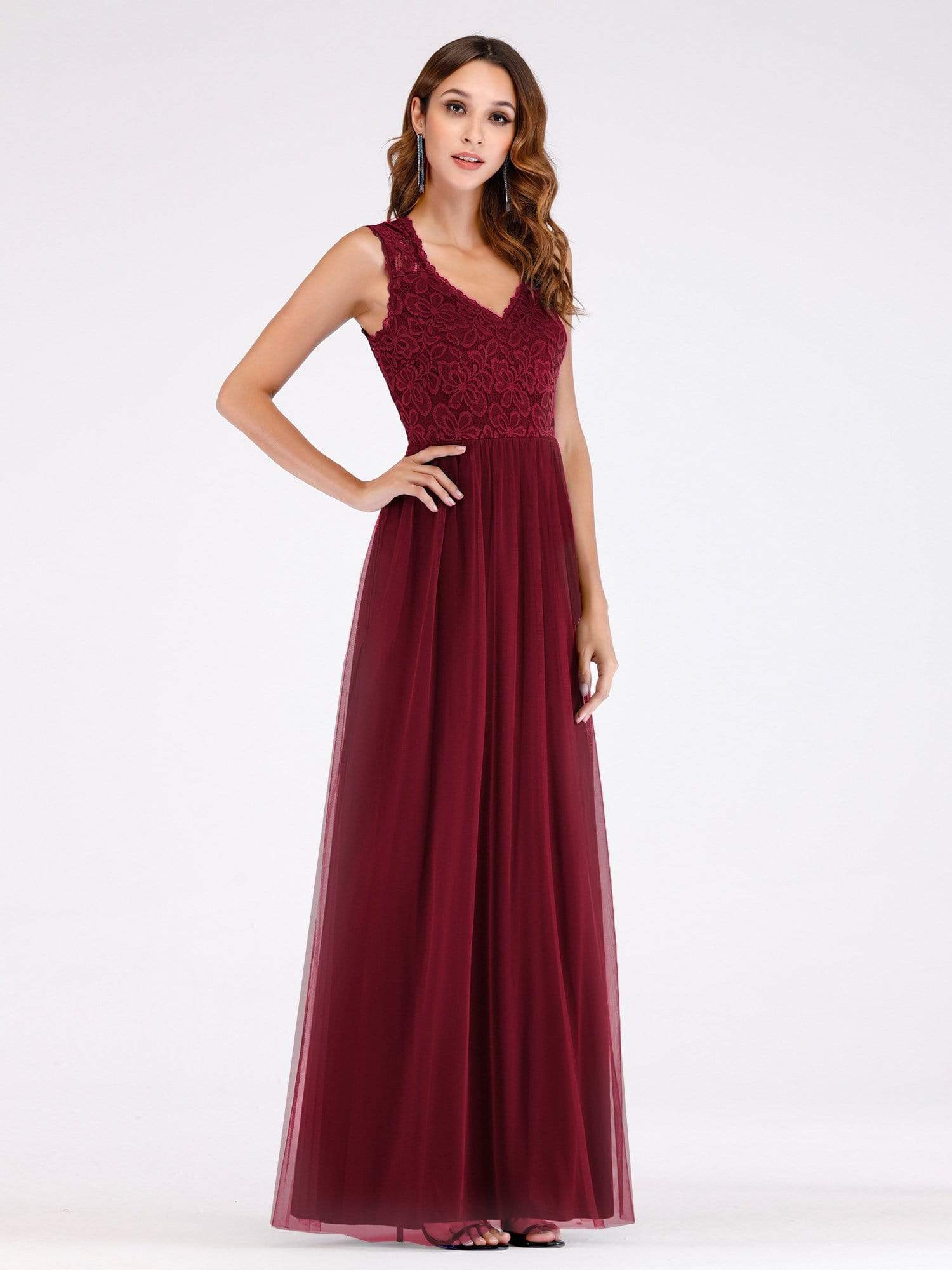 Color=Burgundy | Elegant A Line V Neck Hollow Out Long Bridesmaid Dress With Lace Bodice-Burgundy 3
