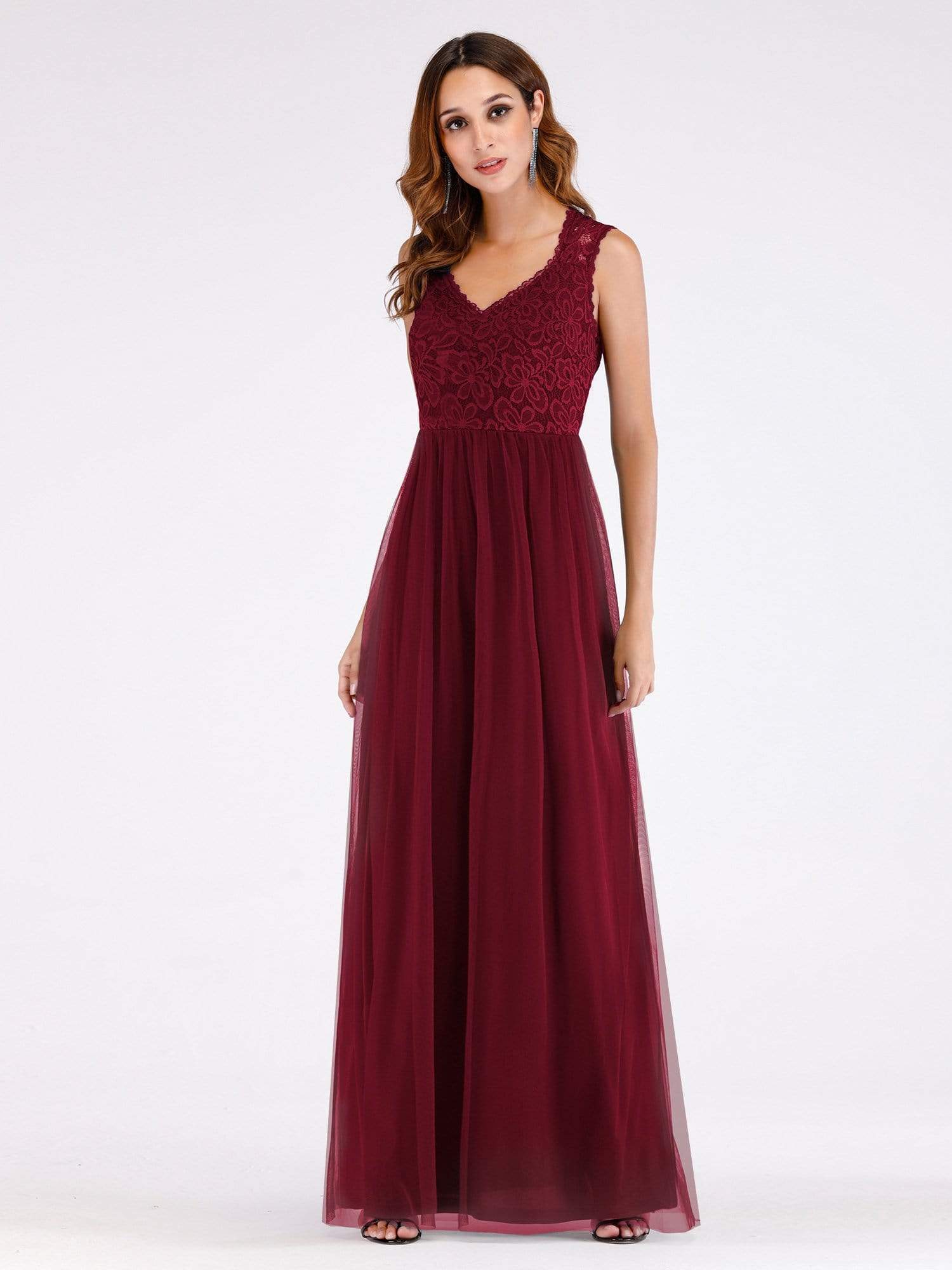 Color=Burgundy | Elegant A Line V Neck Hollow Out Long Bridesmaid Dress With Lace Bodice-Burgundy 4
