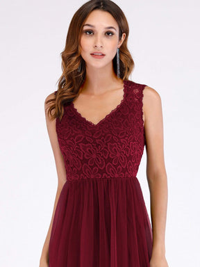 Color=Burgundy | Elegant A Line V Neck Hollow Out Long Bridesmaid Dress With Lace Bodice-Burgundy 5
