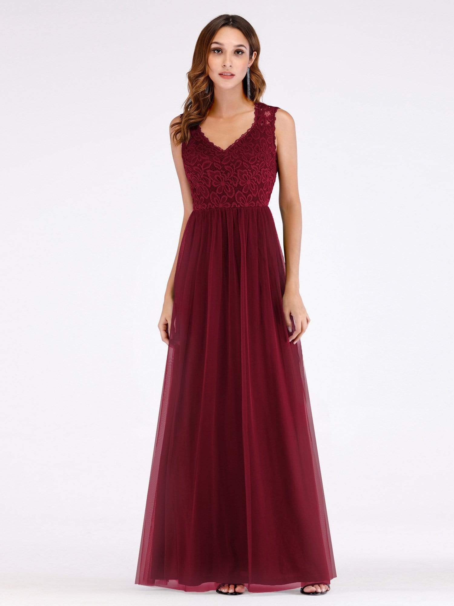 Color=Burgundy | Elegant A Line V Neck Hollow Out Long Bridesmaid Dress With Lace Bodice-Burgundy 1