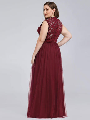 Color=Burgundy | Plus Size Elegant A Line V Neck Hollow Out Long Bridesmaid Dress With Lace Bodice-Burgundy 2