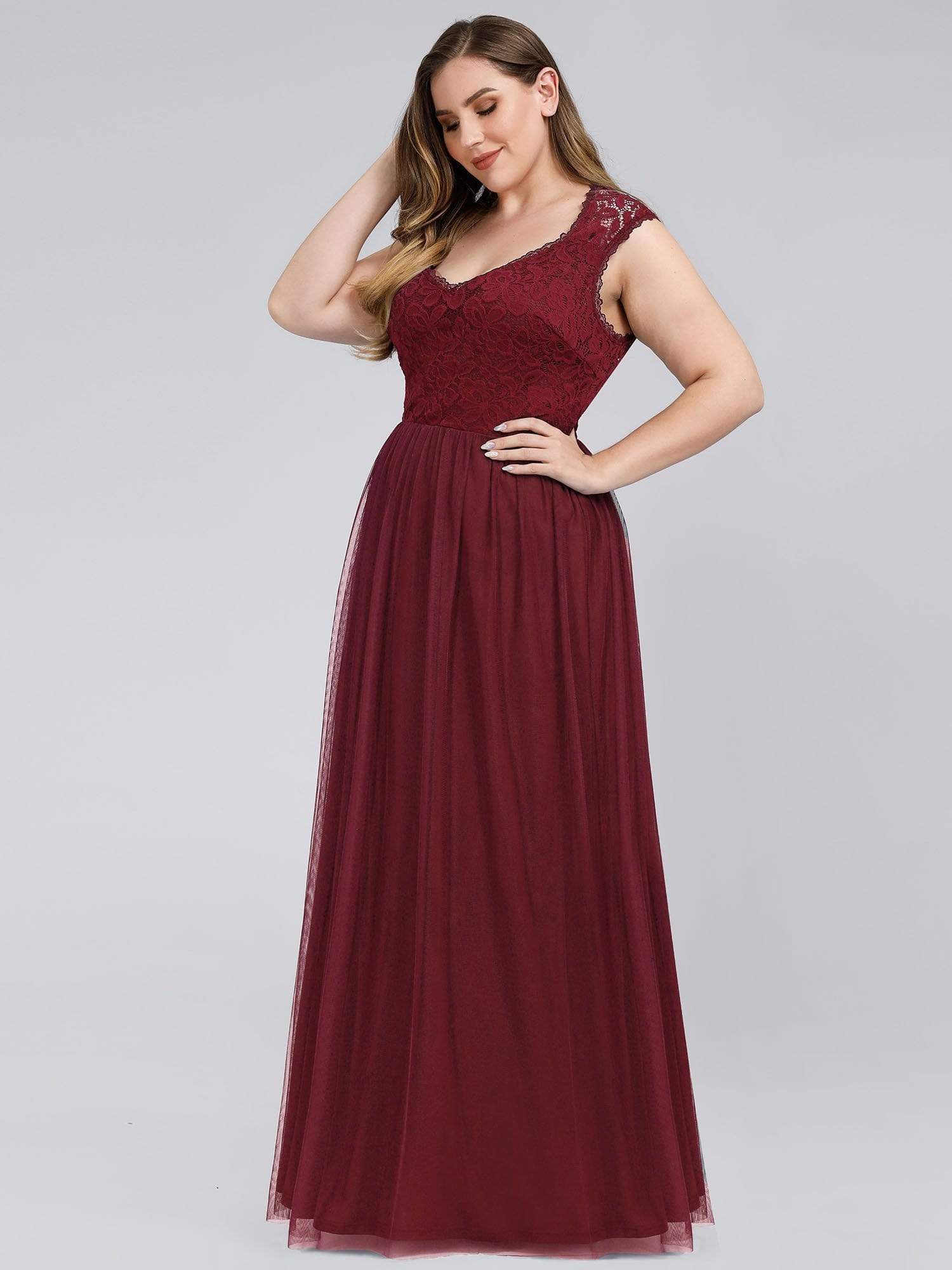 Color=Burgundy | Plus Size Elegant A Line V Neck Hollow Out Long Bridesmaid Dress With Lace Bodice-Burgundy 3