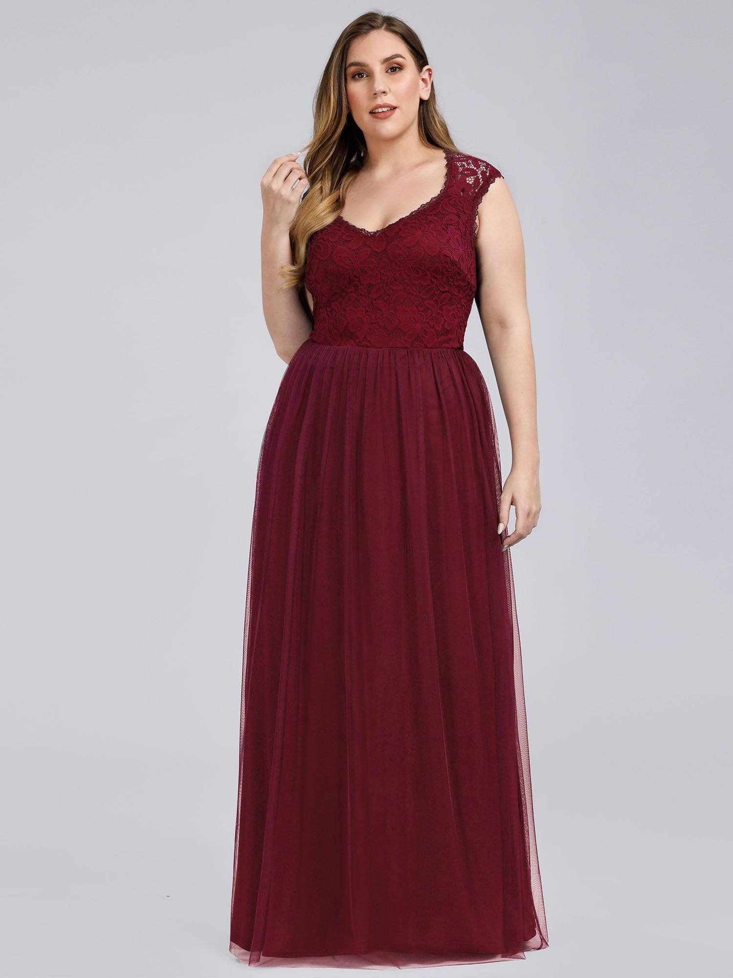 Color=Burgundy | Plus Size Elegant A Line V Neck Hollow Out Long Bridesmaid Dress With Lace Bodice-Burgundy 4