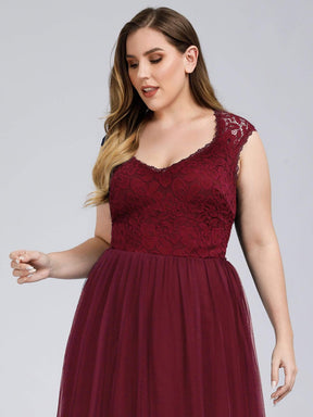 Color=Burgundy | Plus Size Elegant A Line V Neck Hollow Out Long Bridesmaid Dress With Lace Bodice-Burgundy 5