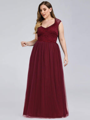 Color=Burgundy | Plus Size Elegant A Line V Neck Hollow Out Long Bridesmaid Dress With Lace Bodice-Burgundy 1