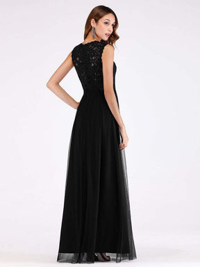 Color=Black | Elegant A Line V Neck Hollow Out Long Bridesmaid Dress With Lace Bodice-Black 2