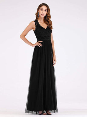 Color=Black | Elegant A Line V Neck Hollow Out Long Bridesmaid Dress With Lace Bodice-Black 3