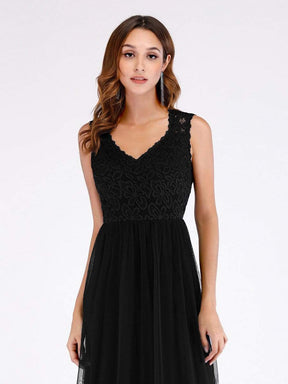 Color=Black | Elegant A Line V Neck Hollow Out Long Bridesmaid Dress With Lace Bodice-Black 5