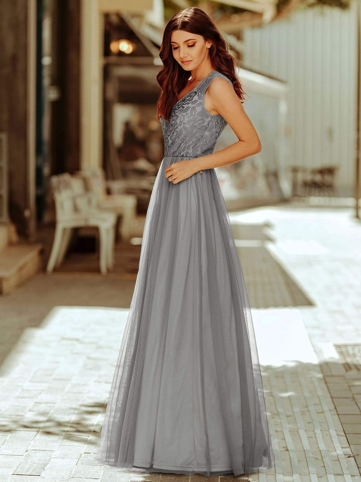 Color=Grey | Elegant A Line V Neck Hollow Out Long Bridesmaid Dress With Lace Bodice-Grey 2