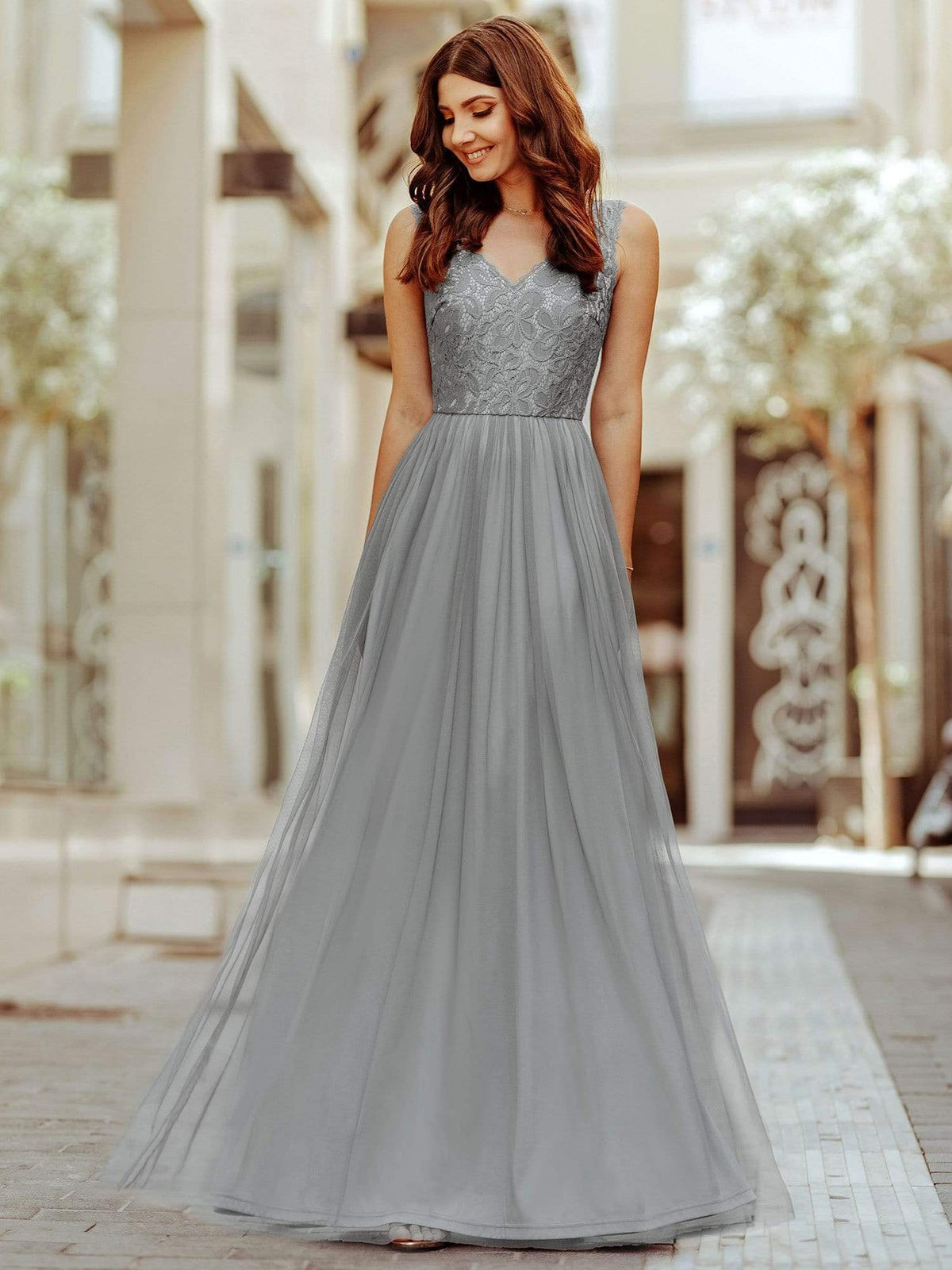 Color=Grey | Elegant A Line V Neck Hollow Out Long Bridesmaid Dress With Lace Bodice-Grey 1