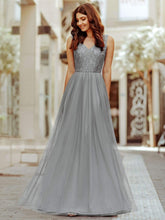 Color=Grey | Elegant A Line V Neck Hollow Out Long Bridesmaid Dress With Lace Bodice-Grey 1