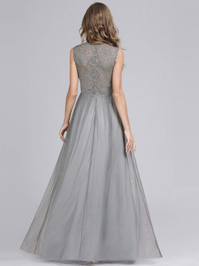Color=Grey | Elegant A Line V Neck Hollow Out Long Bridesmaid Dress With Lace Bodice-Grey 8