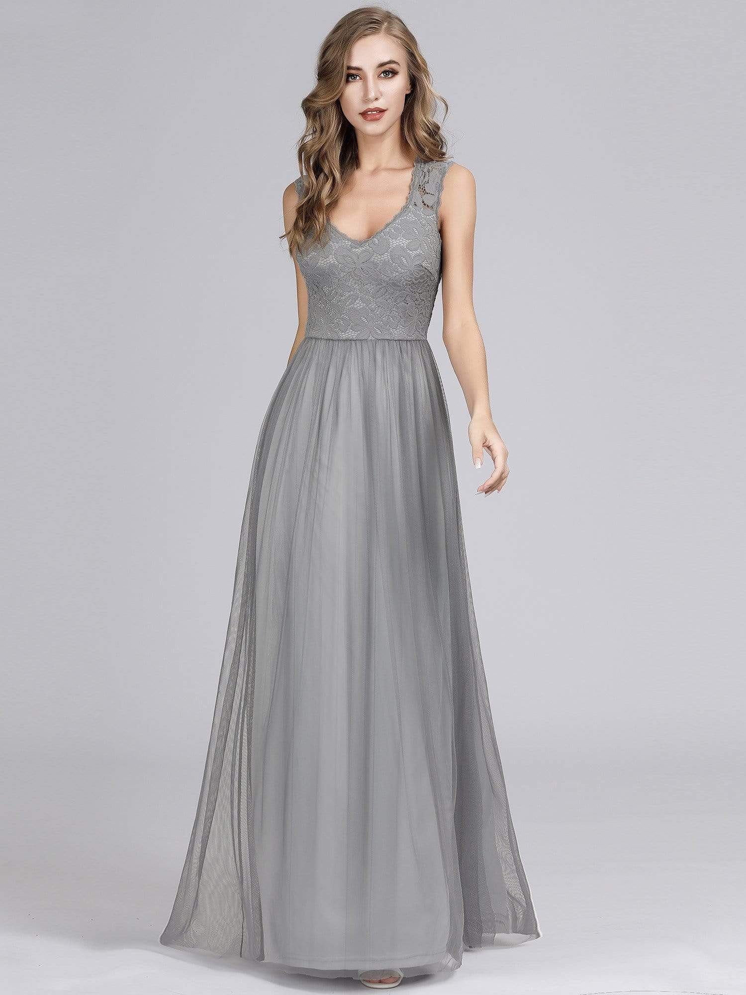 Color=Grey | Elegant A Line V Neck Hollow Out Long Bridesmaid Dress With Lace Bodice-Grey 4