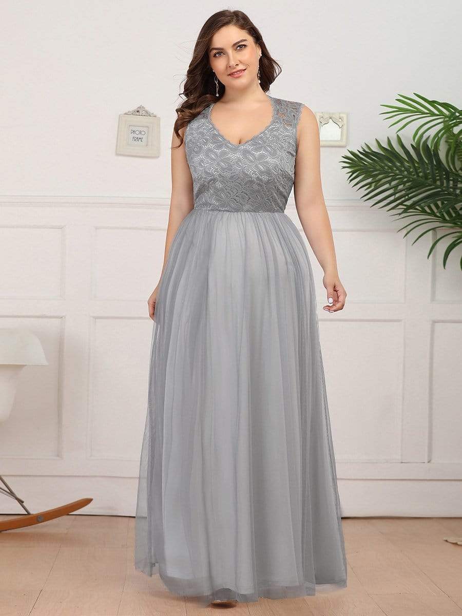 Color=Grey | Plus Size Elegant A Line V Neck Hollow Out Long Bridesmaid Dress With Lace Bodice-Grey 1