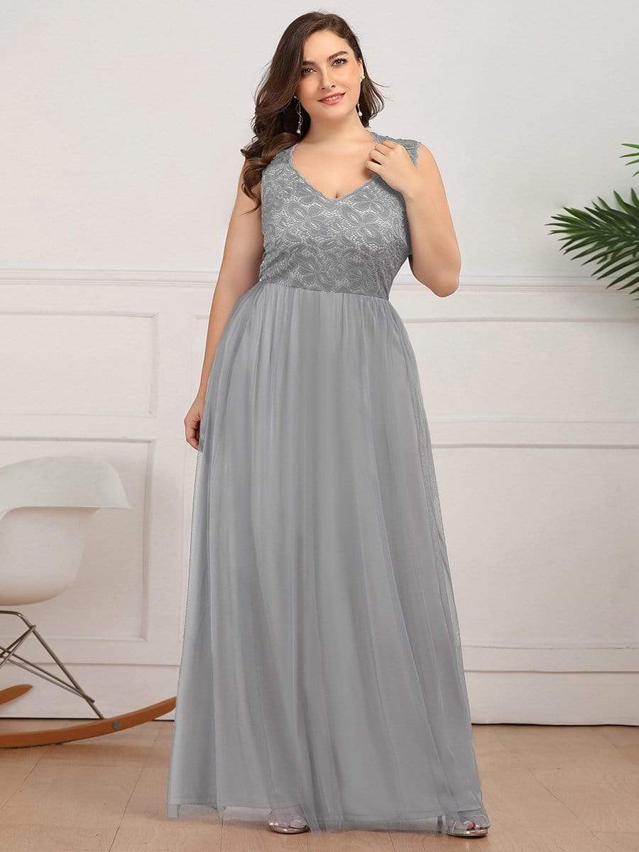 Color=Grey | Plus Size Elegant A Line V Neck Hollow Out Long Bridesmaid Dress With Lace Bodice-Grey 3