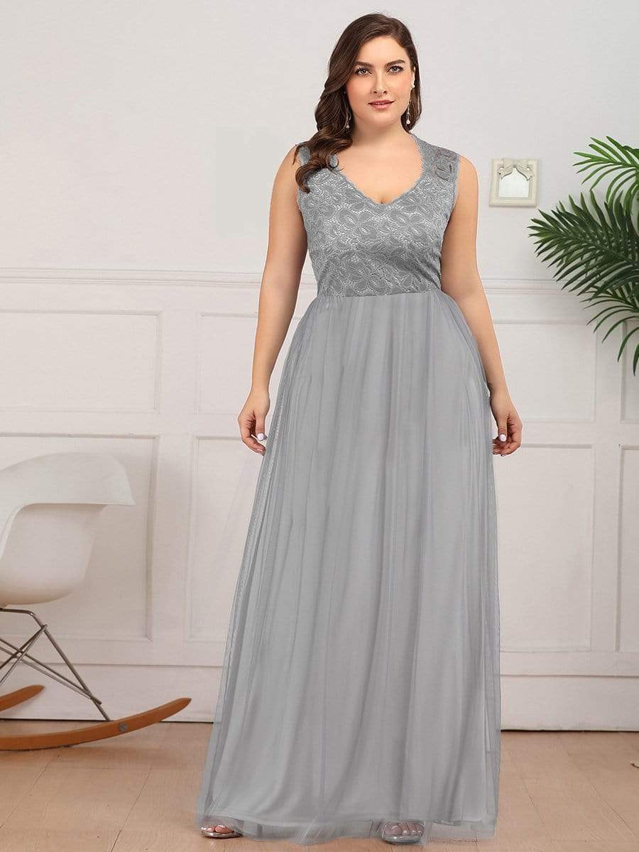 Color=Grey | Plus Size Elegant A Line V Neck Hollow Out Long Bridesmaid Dress With Lace Bodice-Grey 4