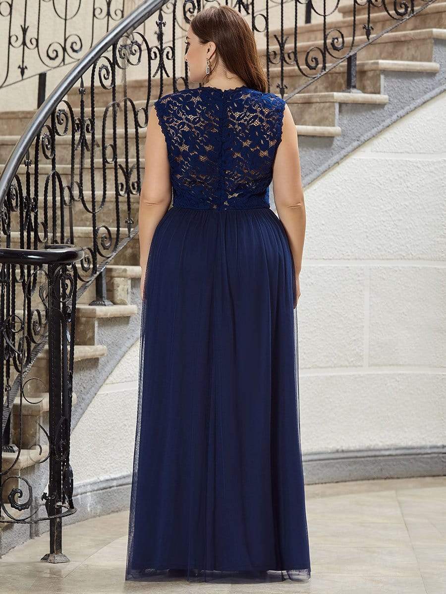 Color=Navy Blue | Elegant A Line V Neck Hollow Out Long Bridesmaid Dress With Lace Bodice-Navy Blue 11