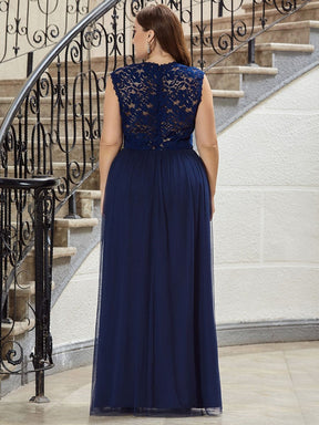 Color=Navy Blue | Plus Size Elegant A Line V Neck Hollow Out Long Bridesmaid Dress With Lace Bodice-Navy Blue 2