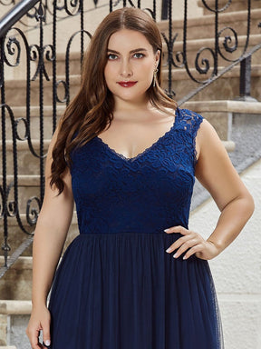 Color=Navy Blue | Plus Size Elegant A Line V Neck Hollow Out Long Bridesmaid Dress With Lace Bodice-Navy Blue 5