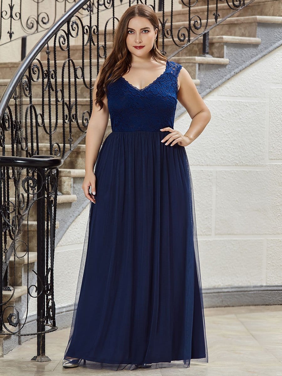 Color=Navy Blue | Plus Size Elegant A Line V Neck Hollow Out Long Bridesmaid Dress With Lace Bodice-Navy Blue 1