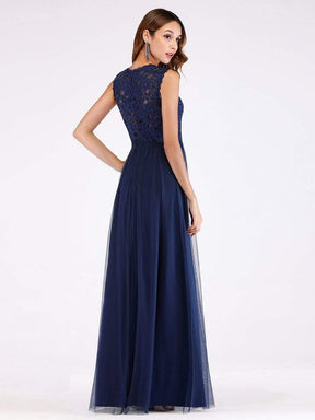 Color=Navy Blue | Elegant A Line V Neck Hollow Out Long Bridesmaid Dress With Lace Bodice-Navy Blue 6