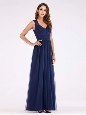 Color=Navy Blue | Elegant A Line V Neck Hollow Out Long Bridesmaid Dress With Lace Bodice-Navy Blue 7