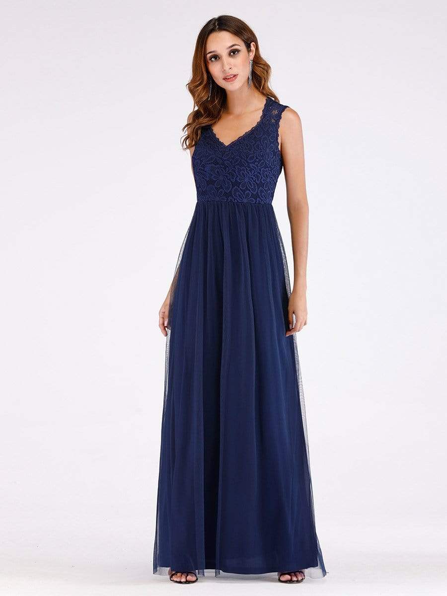 Color=Navy Blue | Elegant A Line V Neck Hollow Out Long Bridesmaid Dress With Lace Bodice-Navy Blue 8