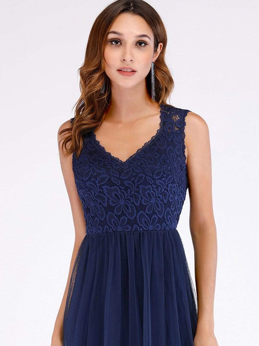 Color=Navy Blue | Elegant A Line V Neck Hollow Out Long Bridesmaid Dress With Lace Bodice-Navy Blue 9