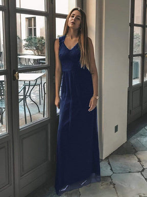 Color=Navy Blue | Elegant A Line V Neck Hollow Out Long Bridesmaid Dress With Lace Bodice-Navy Blue 1