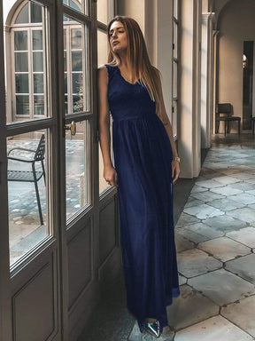 Color=Navy Blue | Elegant A Line V Neck Hollow Out Long Bridesmaid Dress With Lace Bodice-Navy Blue 2
