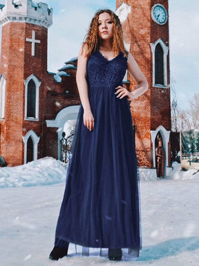 Color=Navy Blue | Elegant A Line V Neck Hollow Out Long Bridesmaid Dress With Lace Bodice-Navy Blue 3