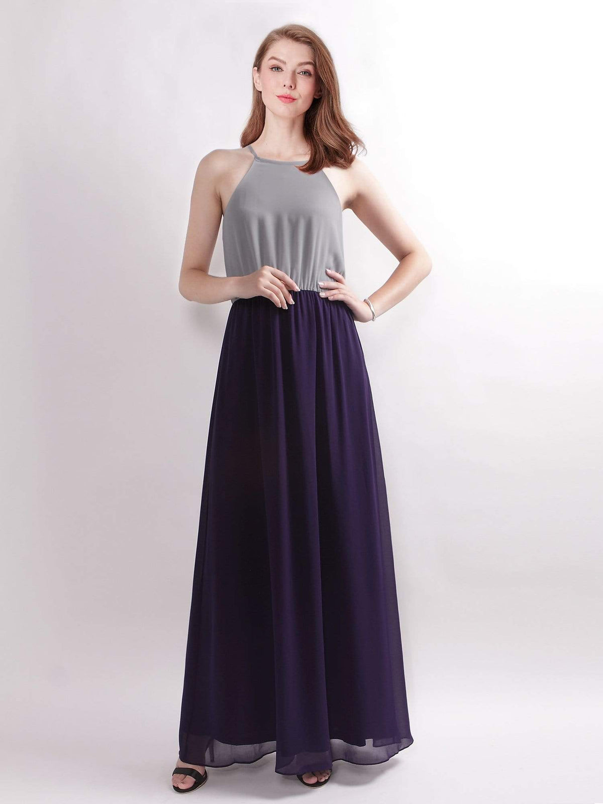 Color=Grey | Casual Halter Color Block Maxi Dress-Grey 1