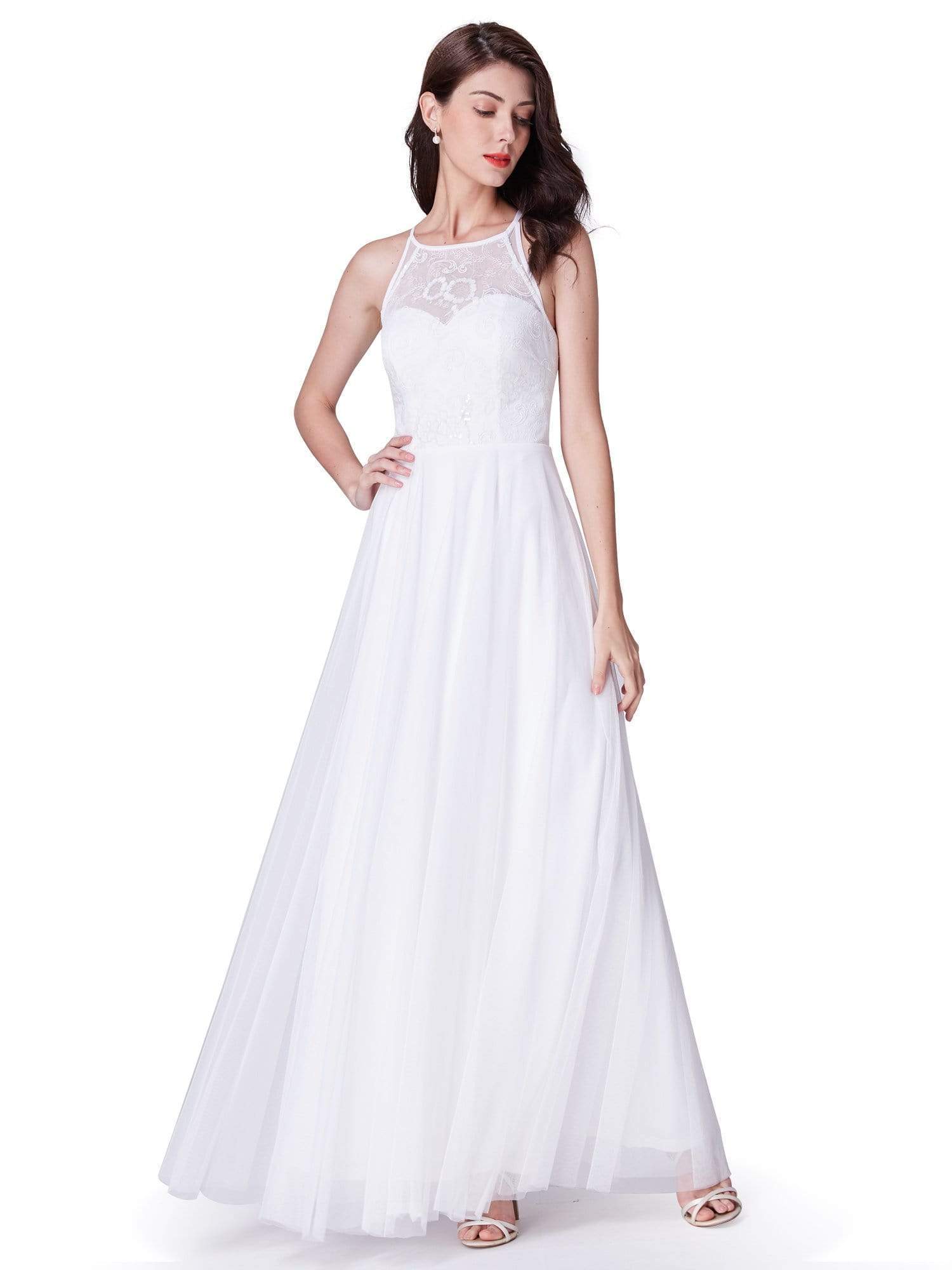 Color=White | Halter Neck Long White Wedding Dress With Lace Bodice-White 2