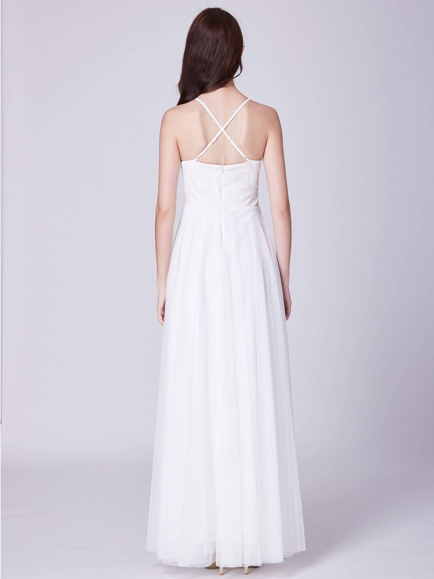 Color=White | Halter Neck Long White Wedding Dress With Lace Bodice-White 3