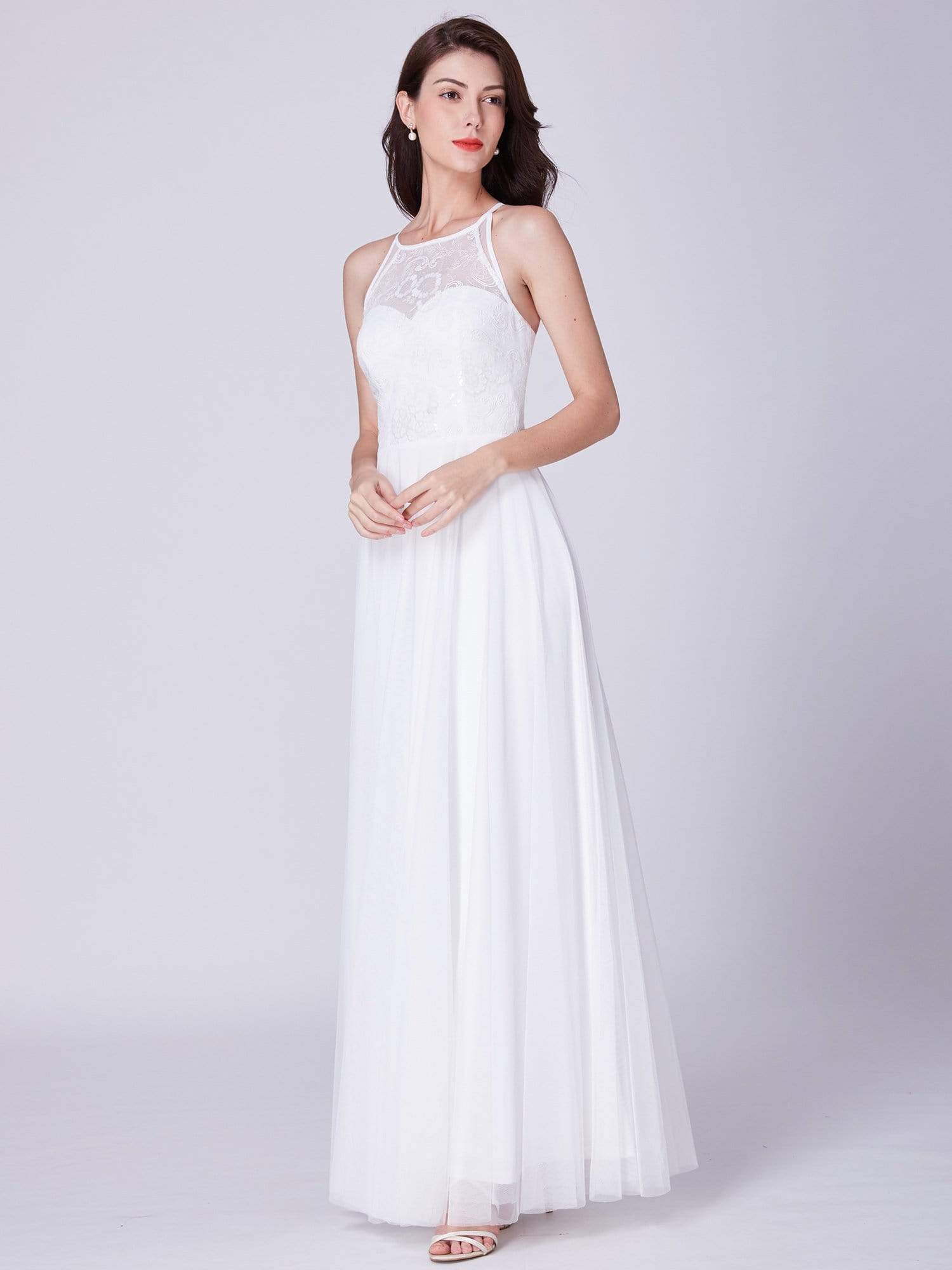 Color=White | Halter Neck Long White Wedding Dress With Lace Bodice-White 4