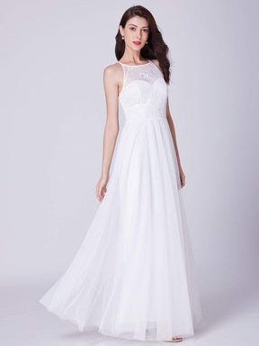 Color=White | Halter Neck Long White Wedding Dress With Lace Bodice-White 5