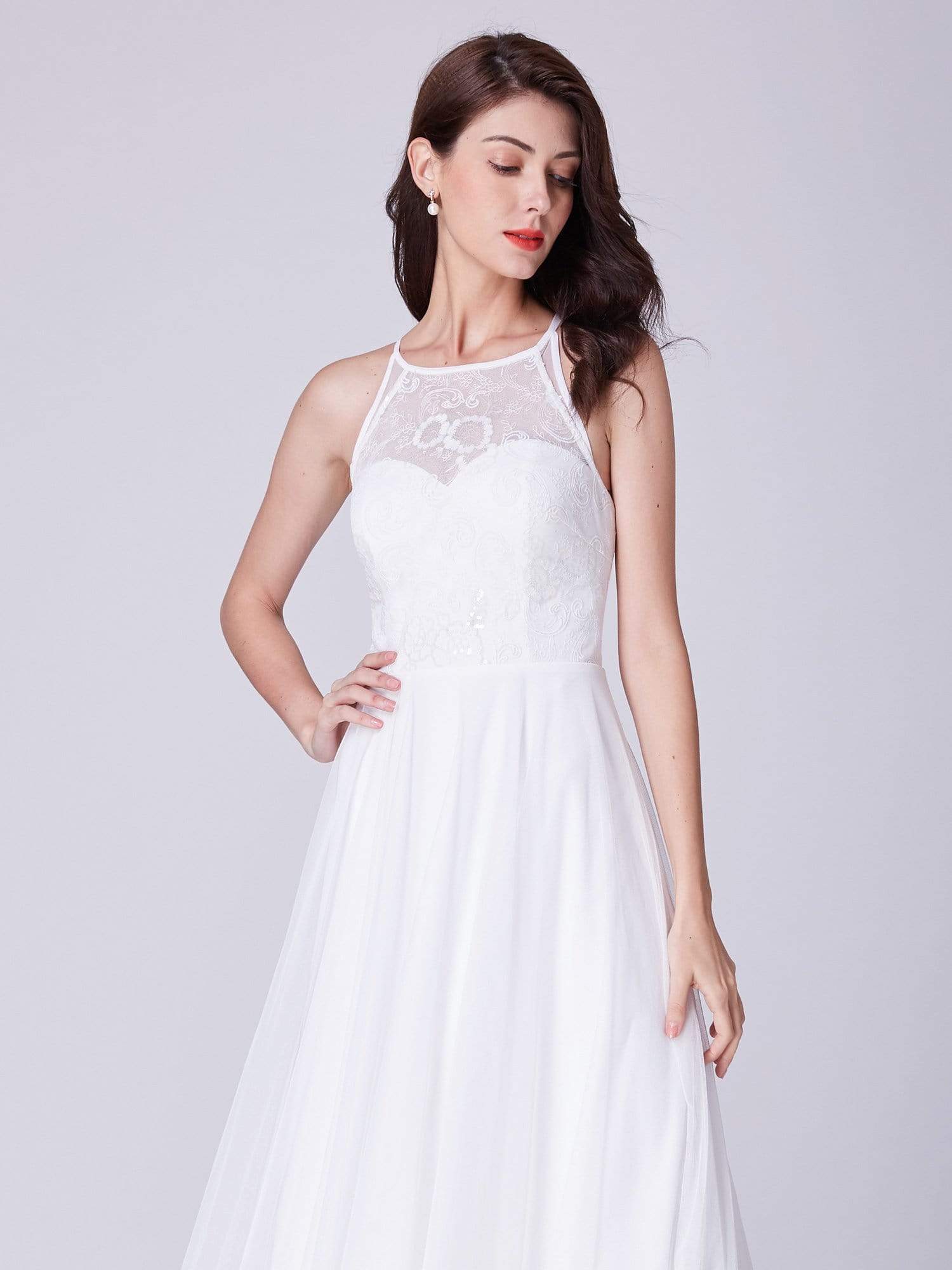 Color=White | Halter Neck Long White Wedding Dress With Lace Bodice-White 6