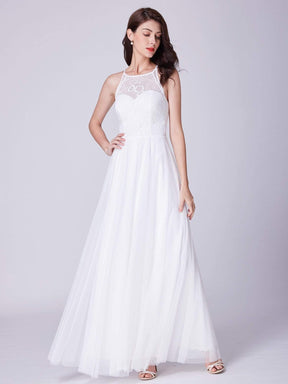 Color=White | Halter Neck Long White Wedding Dress With Lace Bodice-White 1