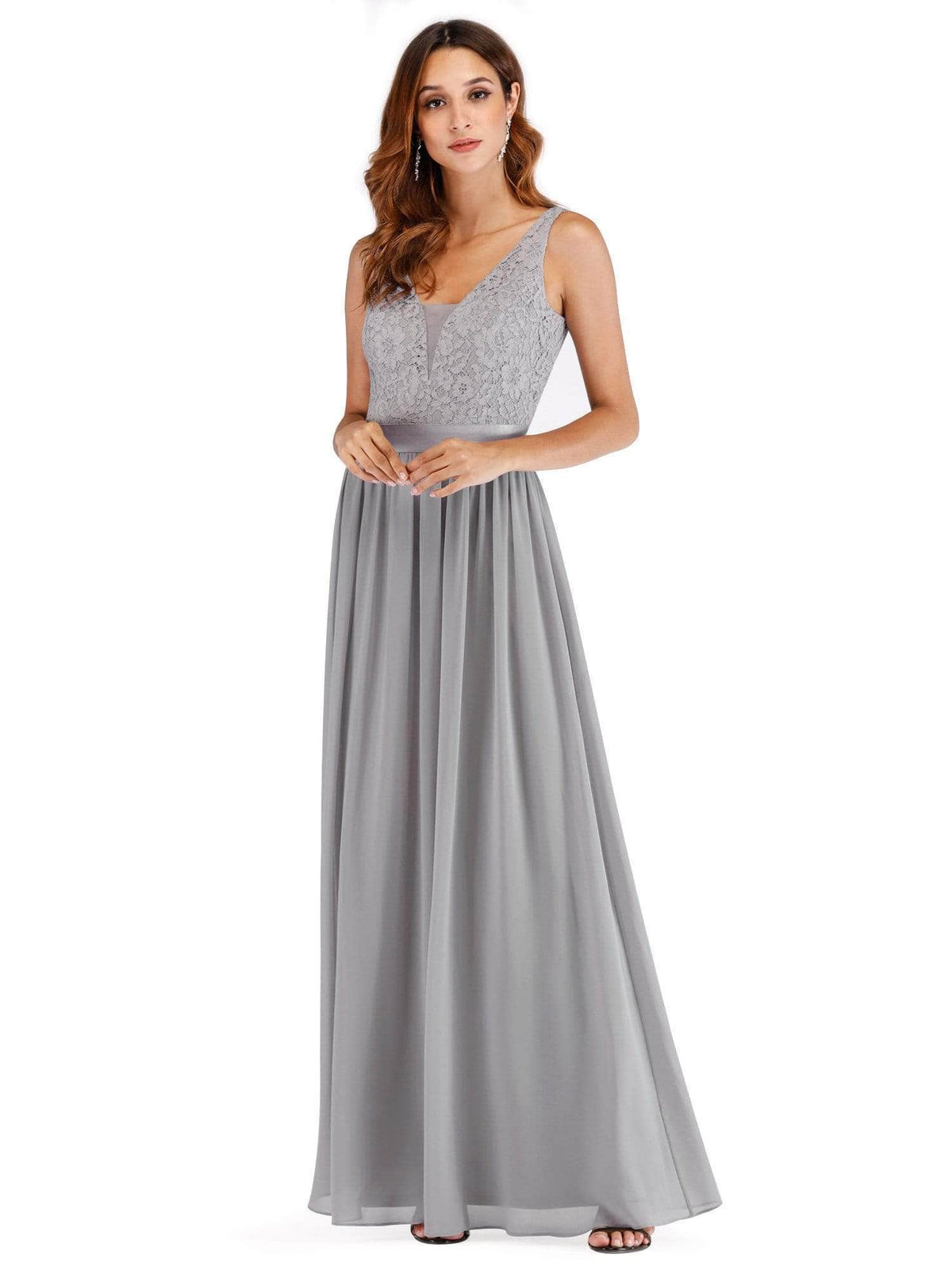 Color=Grey | Long Grey Evening Dress With Lace Bodice-Grey 2