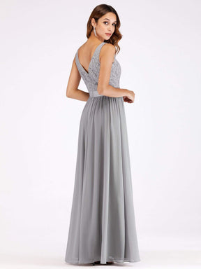 Color=Grey | Long Grey Evening Dress With Lace Bodice-Grey 3