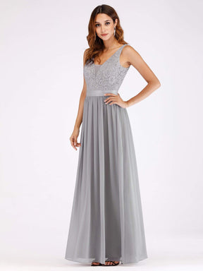 Color=Grey | Long Grey Evening Dress With Lace Bodice-Grey 4
